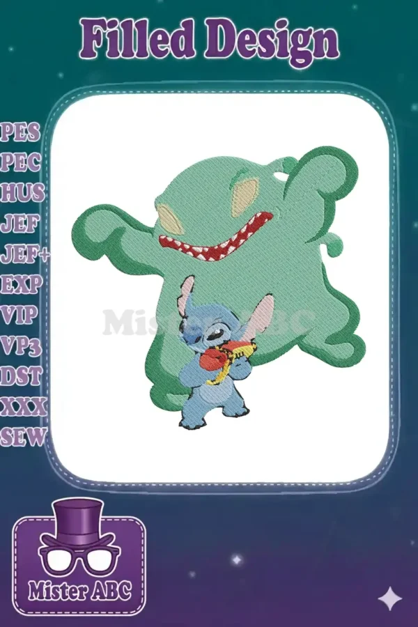 Adorable Stitch with a mischievous expression, holding a toy, shadowed by a large, grinning green alien ghost.
