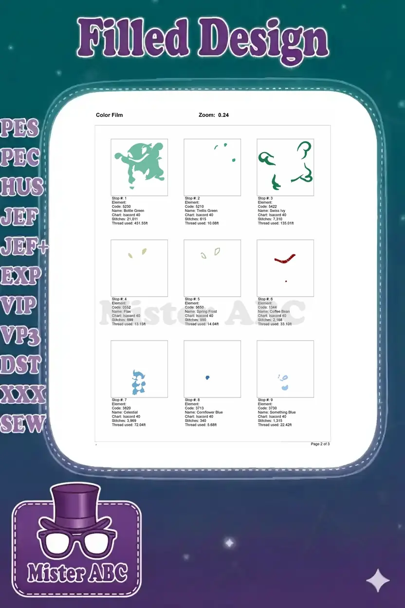 First page of the color film, detailing the initial 9 color stops for the Stitch and Phantasmo embroidery design.