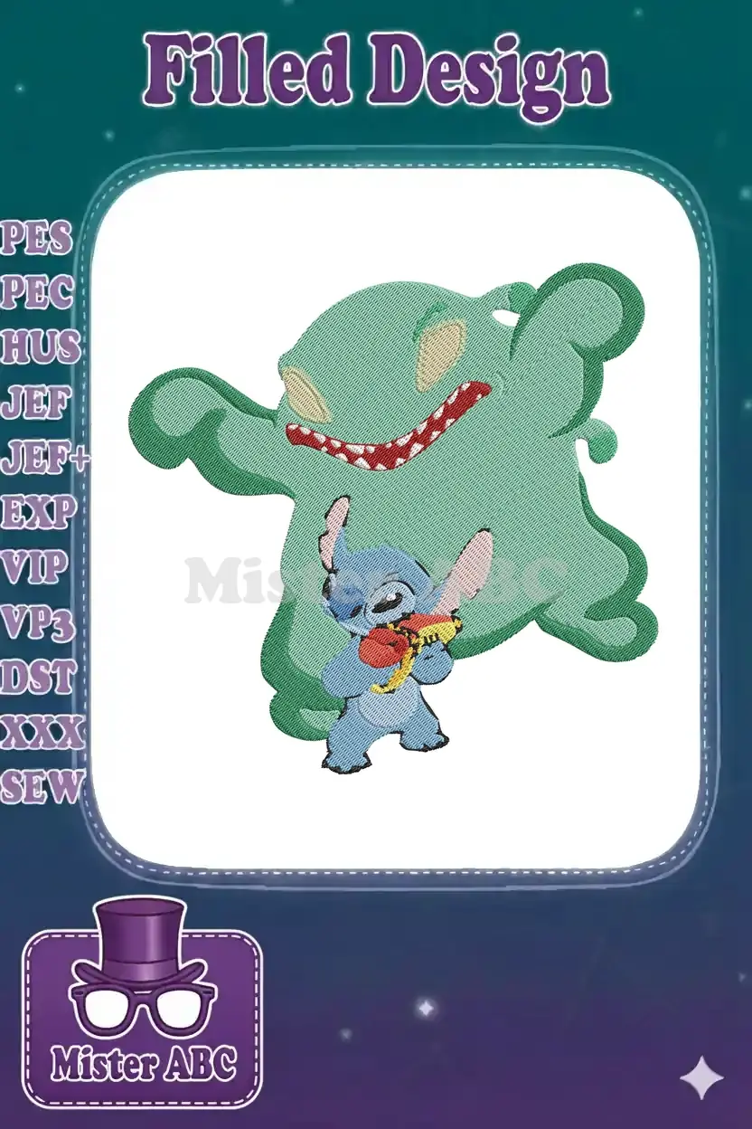 Adorable Stitch with a mischievous expression, holding a toy, shadowed by a large, grinning green alien ghost.