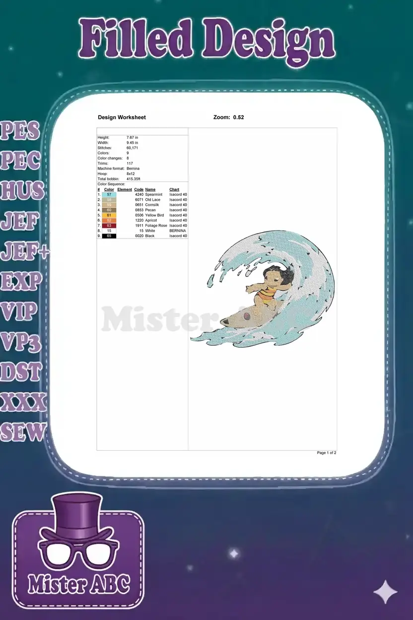 Embroidery design worksheet displaying Lilo surfing, with technical specifications like dimensions, stitches, and colors.