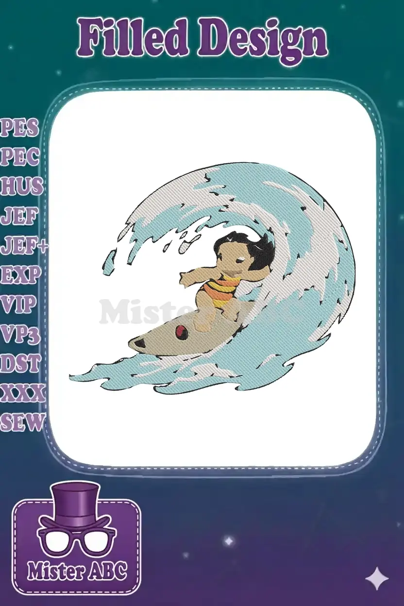 Lilo from Lilo & Stitch, joyfully surfing a large blue and white wave, captured in a detailed embroidery design.