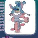 Blue Stitch character happily riding a pink tricycle embroidery designs - Instant Download