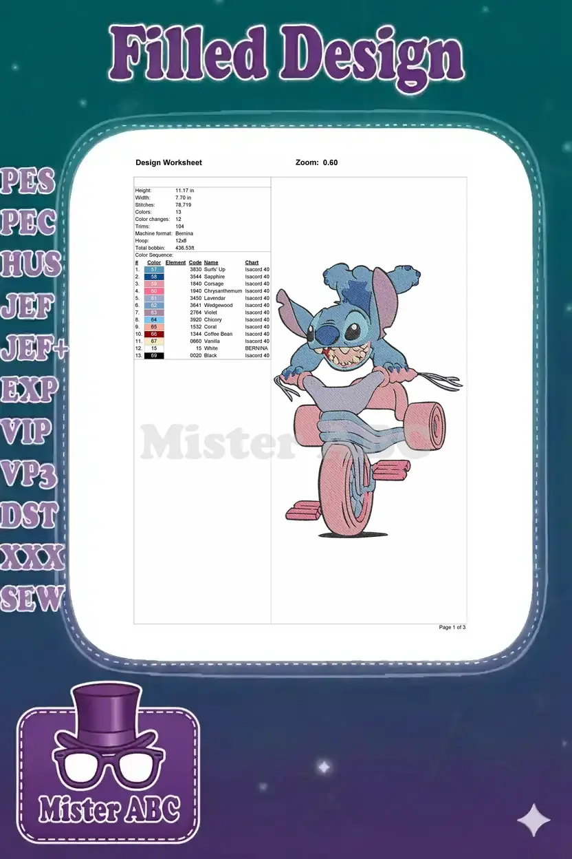 An embroidery design worksheet detailing stitch count, dimensions, color sequence, and thread codes for the Stitch design.