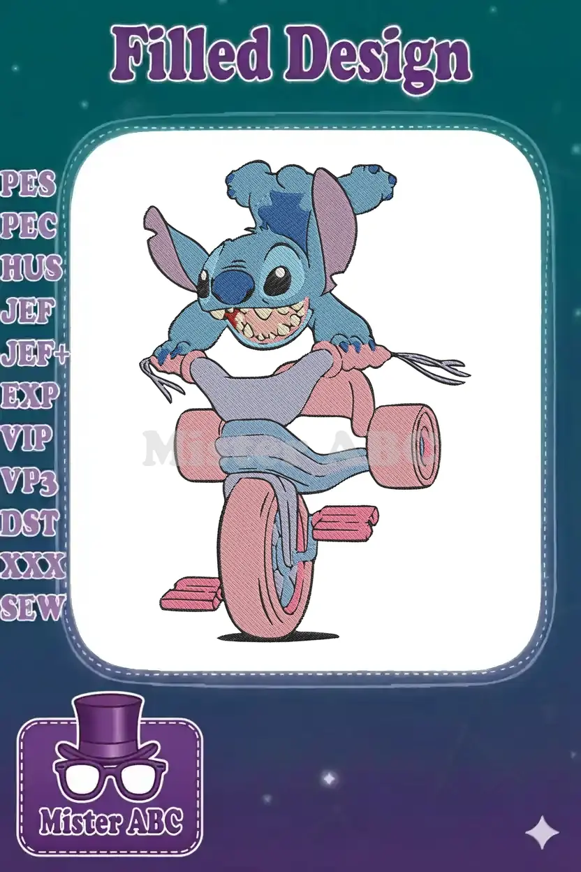 A vibrant embroidery design featuring Disney's Stitch gleefully riding a pink and purple tricycle, full of playful energy.
