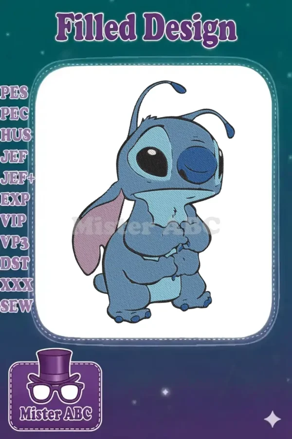 A detailed embroidery design of Stitch from Disney's Lilo & Stitch, featuring vibrant blues and playful expression.