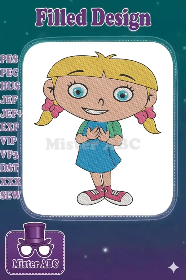 Full-color embroidery design of Annie from Little Einsteins, smiling with blonde pigtails and blue dress.
