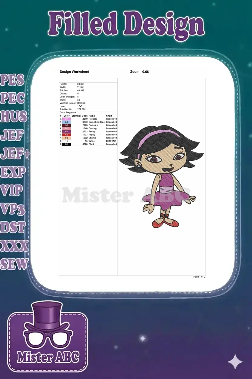 Design worksheet for June embroidery, detailing dimensions, stitch count, colors, and machine compatibility.