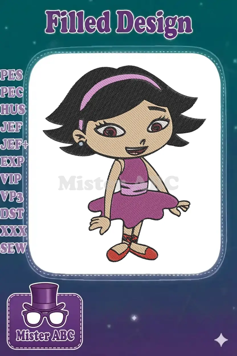 A vibrant embroidery design of June from Little Einsteins, wearing a purple ballet dress and red shoes.