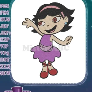 A vibrant embroidery design of June from Little Einsteins, in a purple dress and red ballet shoes, dancing.