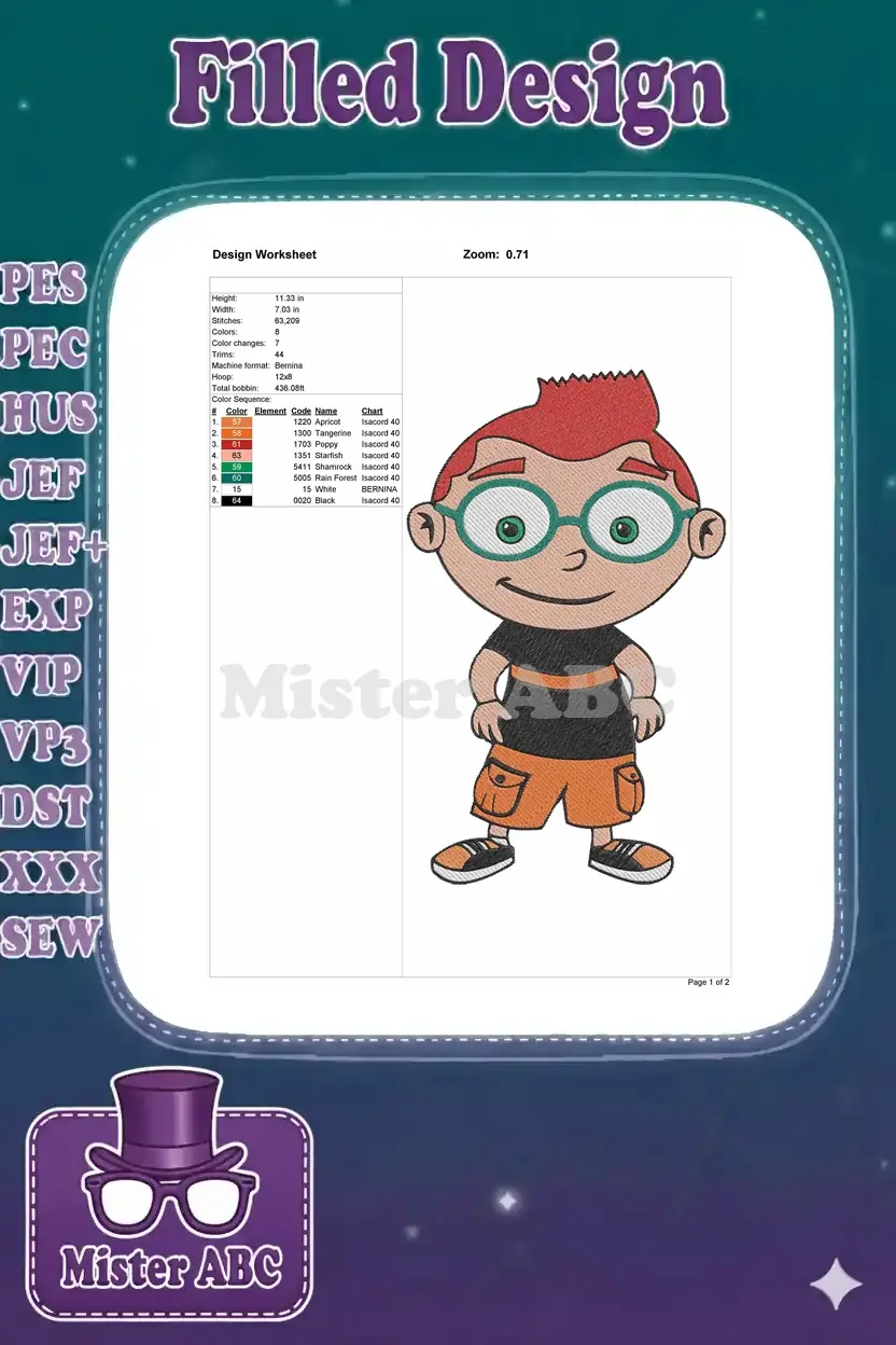 Embroidery design worksheet for Leo, detailing dimensions, stitch count, color sequence, and thread information for production.