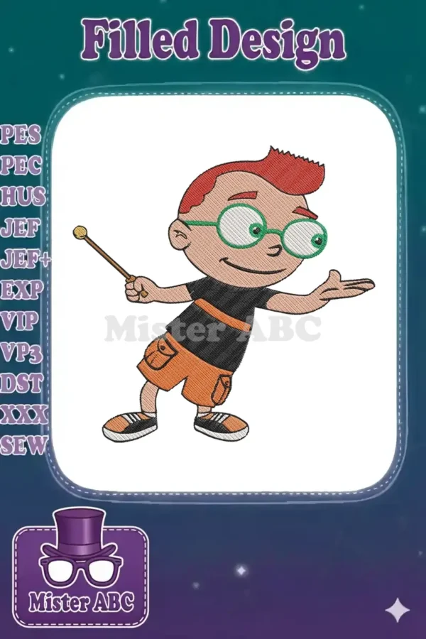 Vibrant embroidery design featuring Leo from Little Einsteins, holding a baton and ready for adventure.