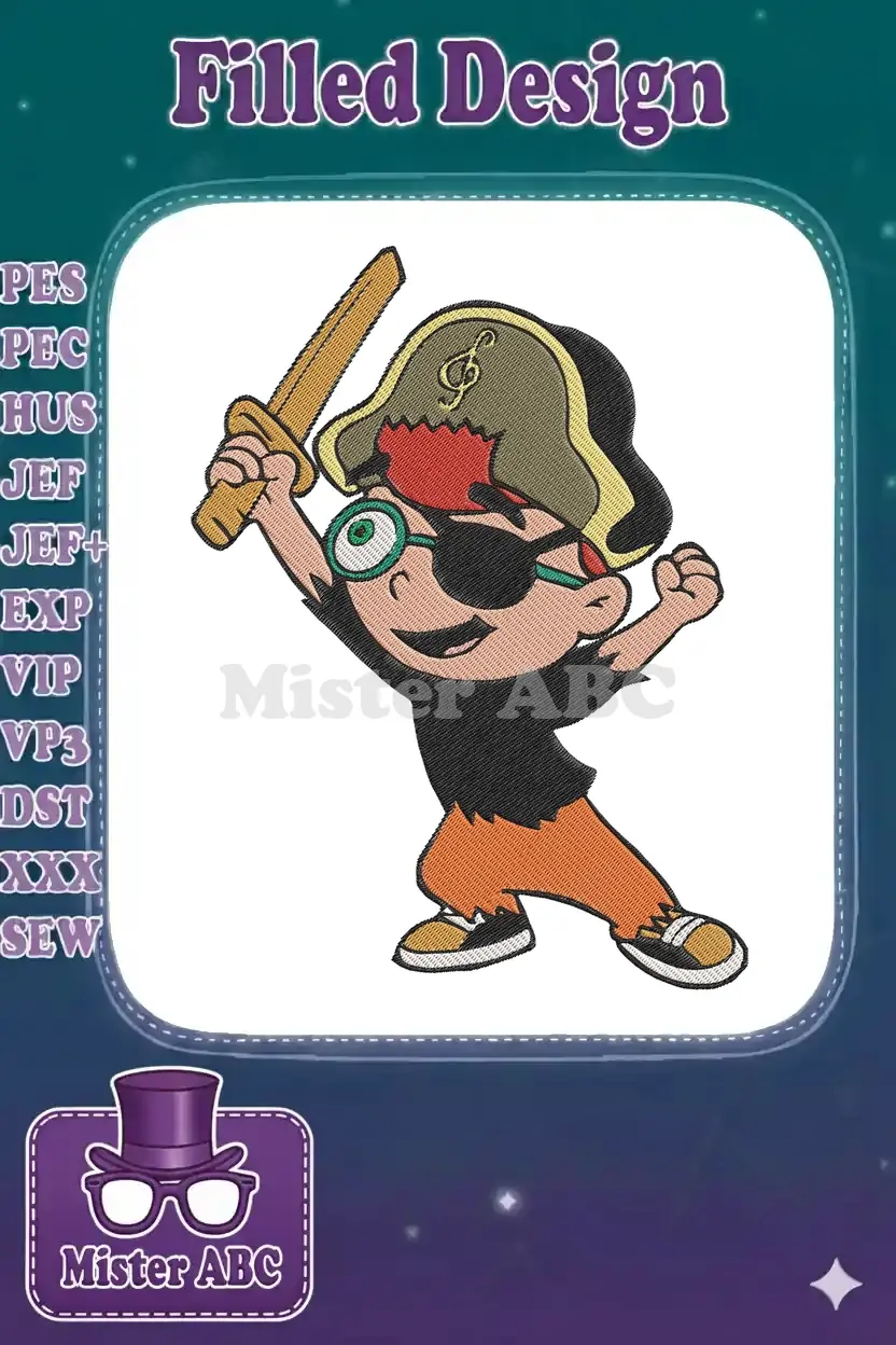 Vibrant embroidery of a cartoon pirate boy in a dynamic pose, with a sword, eyepatch, glasses, and musical hat.