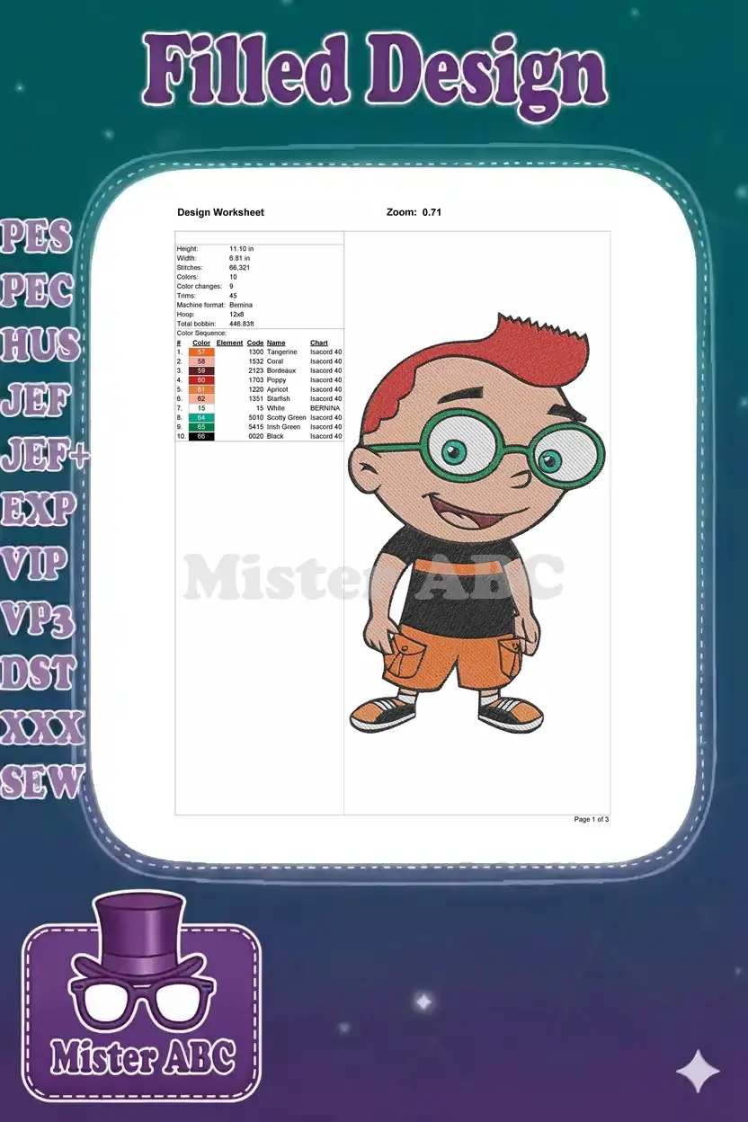 Embroidery design worksheet for Leo, detailing dimensions, stitch count, color sequence, and machine formats.