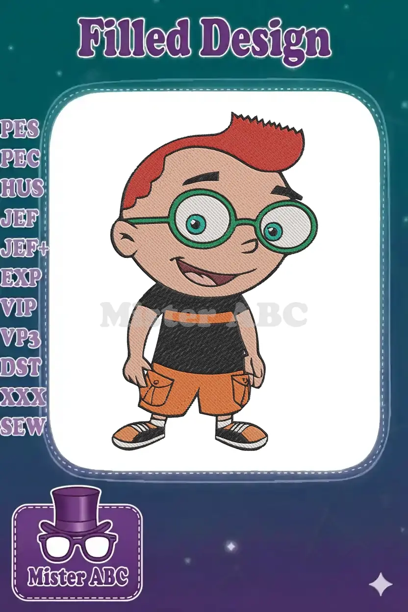 Detailed embroidery design of Leo from Little Einsteins, featuring his red hair, green glasses, and cheerful expression.