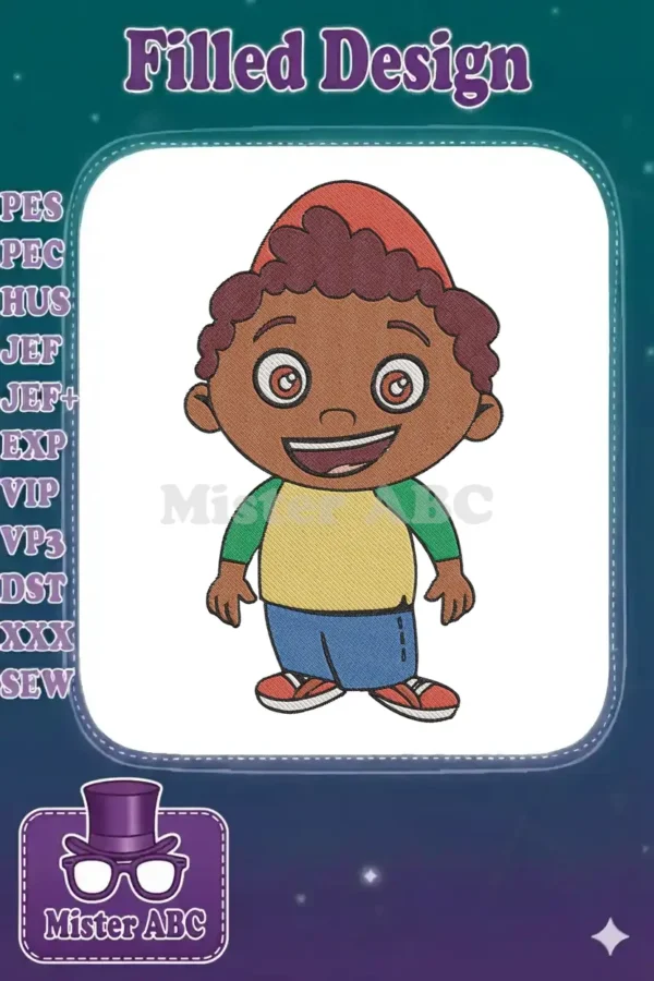 A cheerful machine embroidery design of Leo from Little Einsteins, featuring vibrant colors and detailed stitching.
