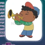 Smiling cartoon boy musician playing golden trumpet embroidery designs - Instant Download