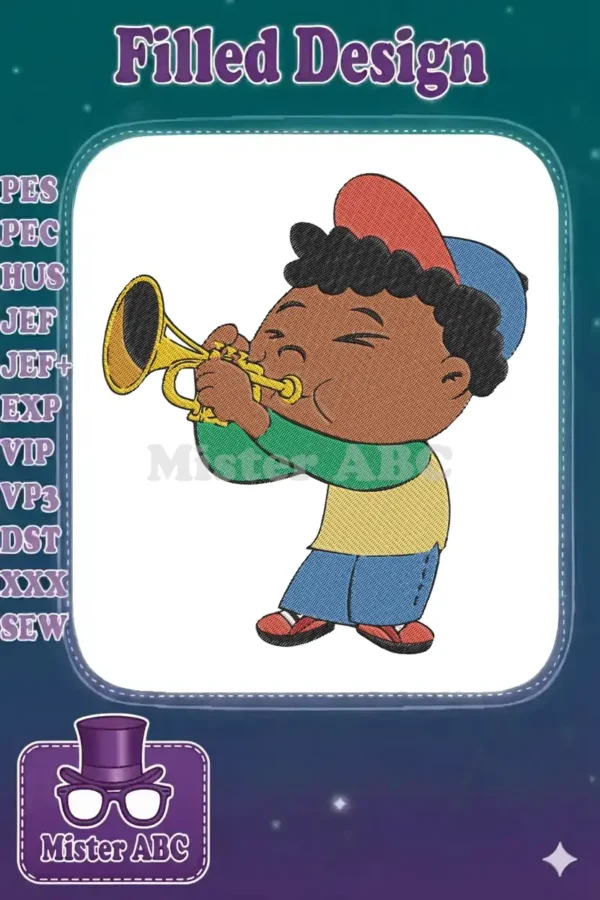 Digitized embroidery of Leo from Little Einsteins playing a golden trumpet, ready for any musical adventure project.