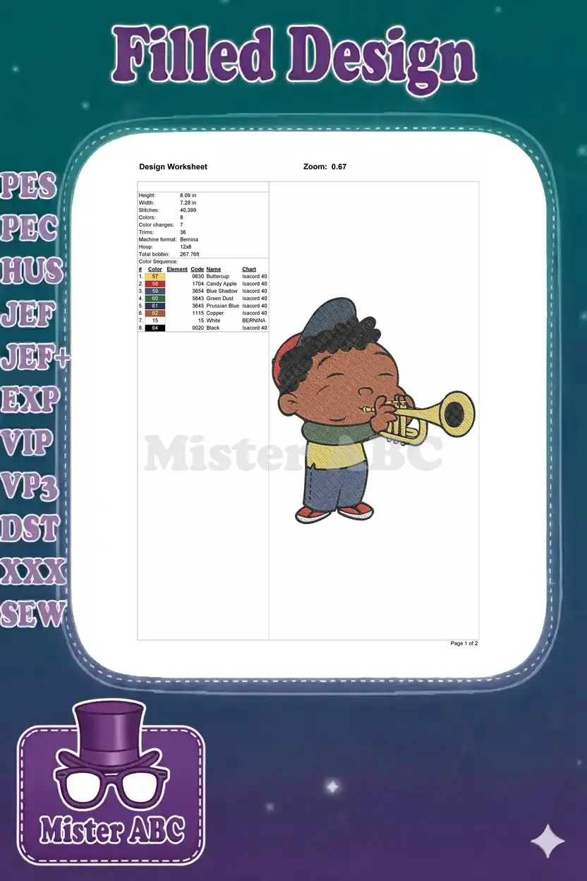 Detailed embroidery design worksheet showing dimensions, stitch count, color sequence, and machine format.