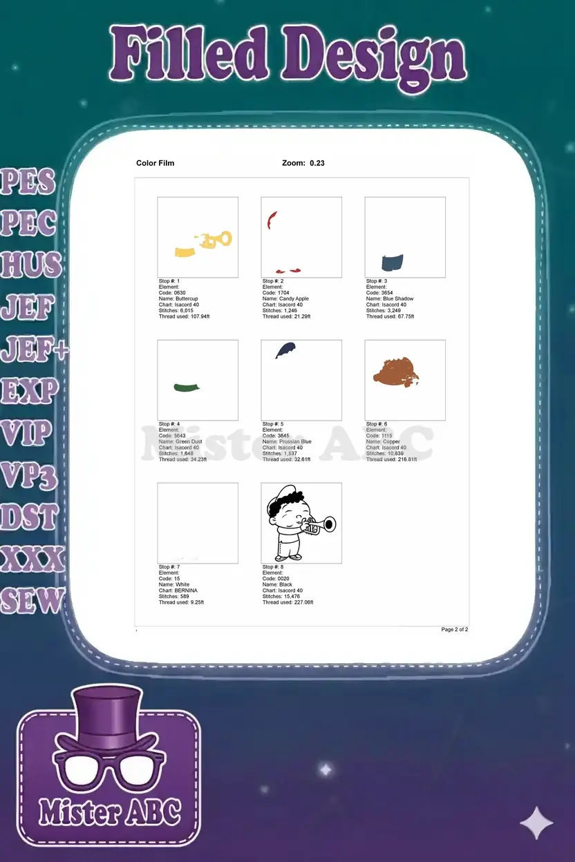 Color film breakdown showing each individual embroidery stop, thread colors, and stitch counts for precision.
