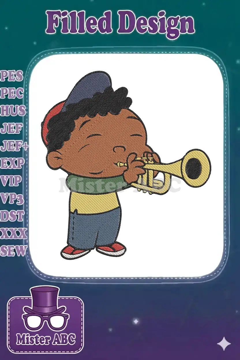 Vibrant embroidery of a happy cartoon boy, likely Leo from Little Einsteins, playing a shining golden trumpet.