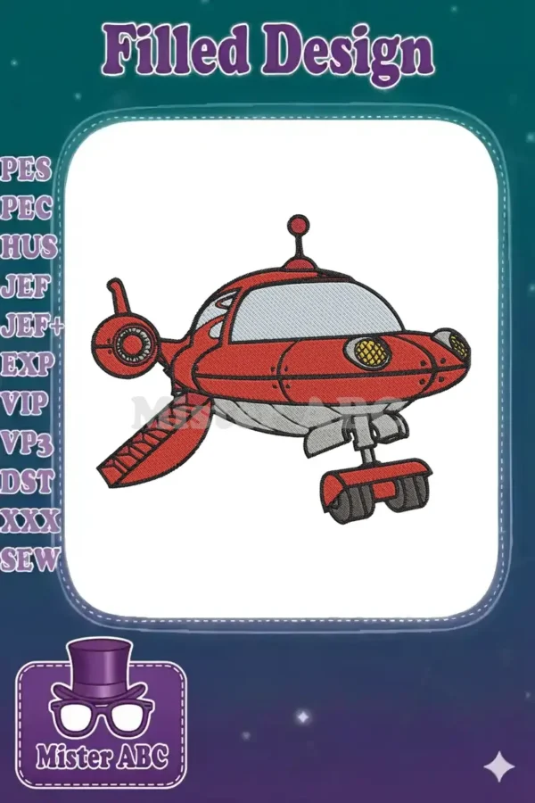 Vibrant red Rocket spaceship embroidery design, featuring grey accents and a detailed outline on a white background.