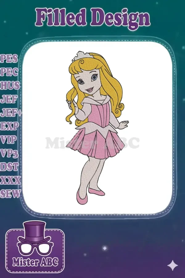 Vibrant embroidery of Princess Aurora in her iconic pink dress, featuring intricate details and a charming pose.