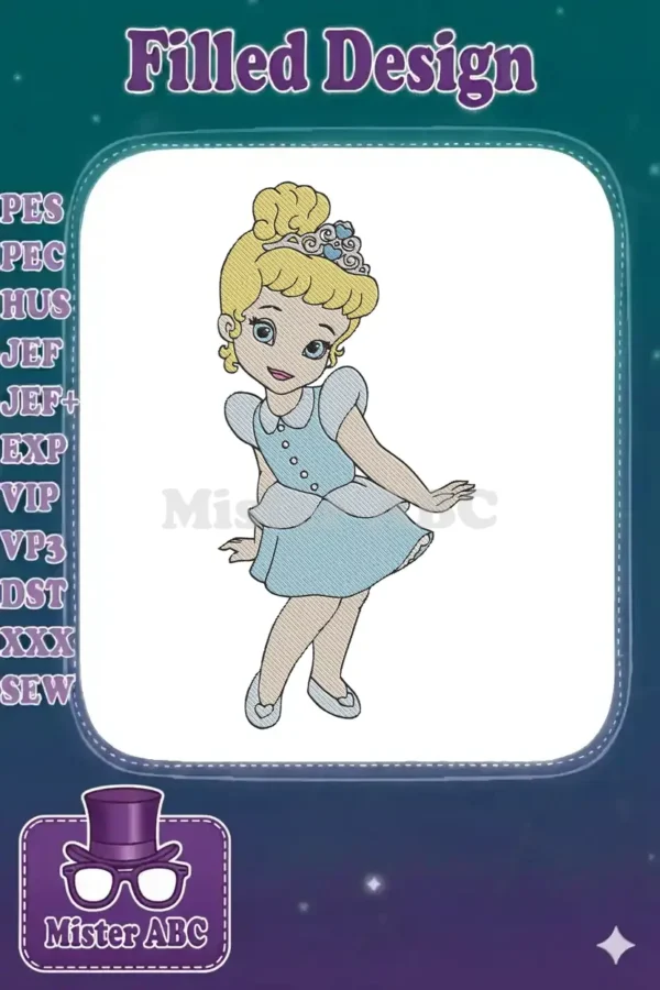 Embroidered Cinderella design with blonde hair, blue dress, and a tiara, rendered in a charming cartoon style with satin stitches.