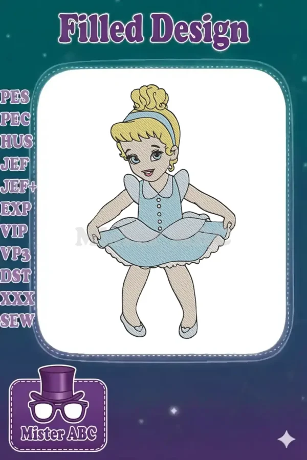 Adorable embroidery design of a young blonde princess in a blue dress, resembling Cinderella, with intricate details.