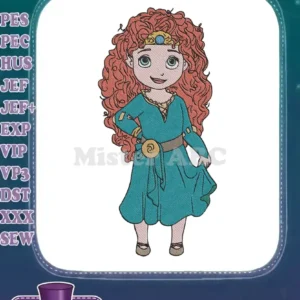 Full-body embroidery of Merida from Disney's Brave, featuring her iconic red curly hair and teal dress.