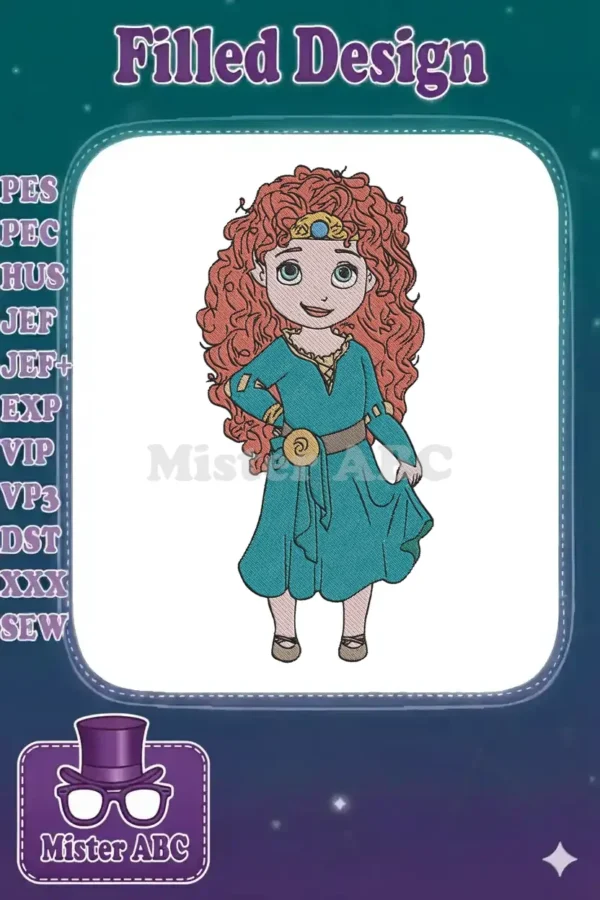 Full-body embroidery of Merida from Disney's Brave, featuring her iconic red curly hair and teal dress.