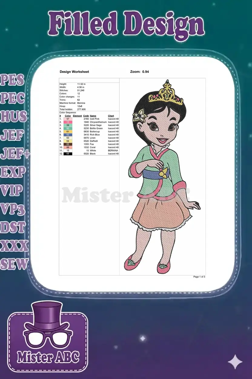 Detailed embroidery design worksheet for Mulan, showing dimensions, stitch count, and complete color sequence.