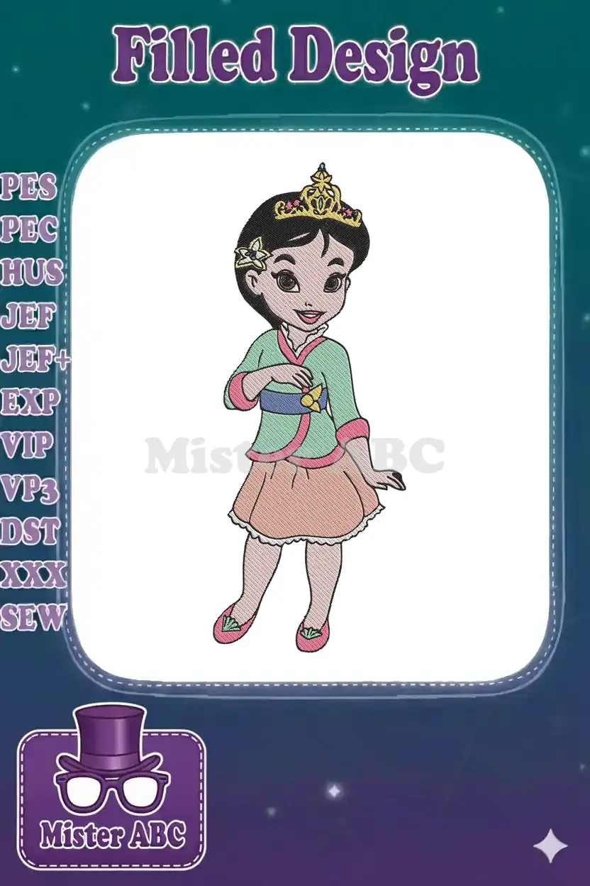 Close-up of a digitally embroidered Mulan character, adorned with a golden crown and floral hair accessory.