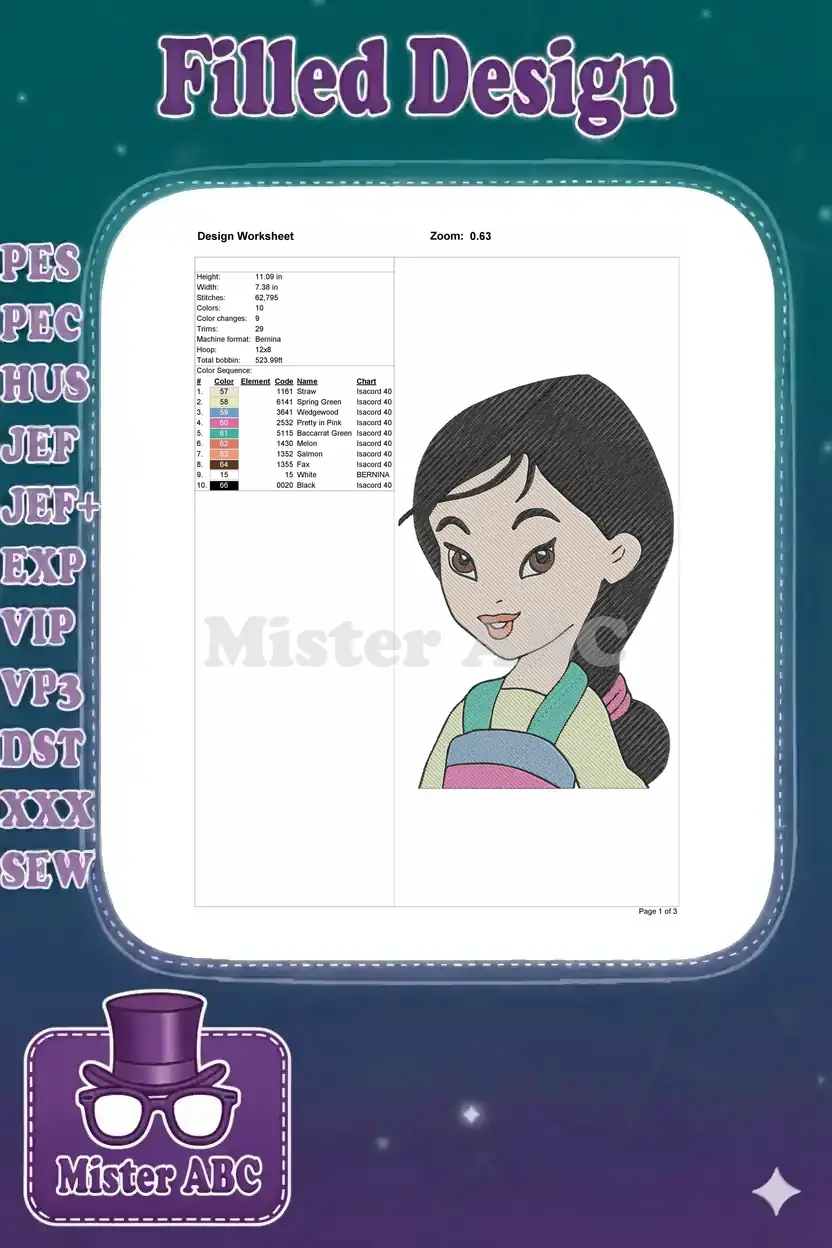 Embroidery design worksheet for Mulan, showing dimensions, stitch count, color sequence, and thread details.