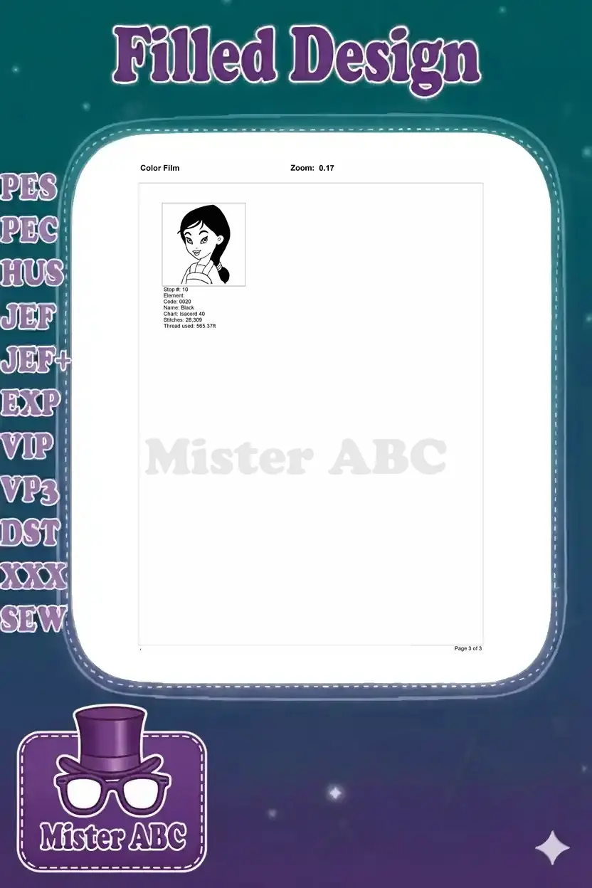 Final color film page for Mulan embroidery, showcasing the last color stop for outlines and hair details.