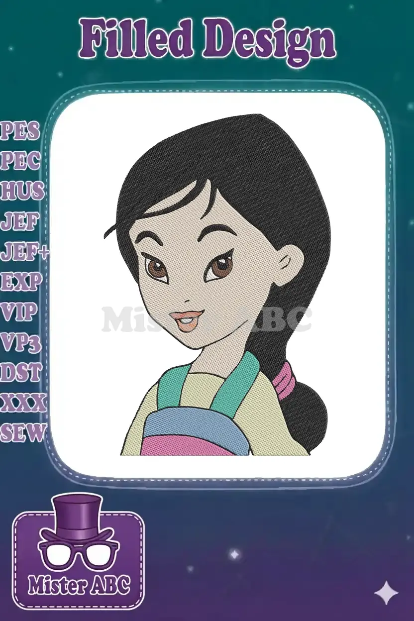 Close-up of a vibrant Mulan embroidery design, featuring her iconic hairstyle and determined expression.