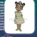 Adorable African American princess with green dress and crown embroidery designs - Instant Download