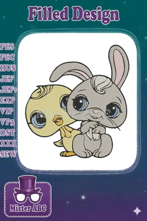 A charming embroidery design featuring a gray bunny hugging a yellow chick, both with large, expressive eyes.