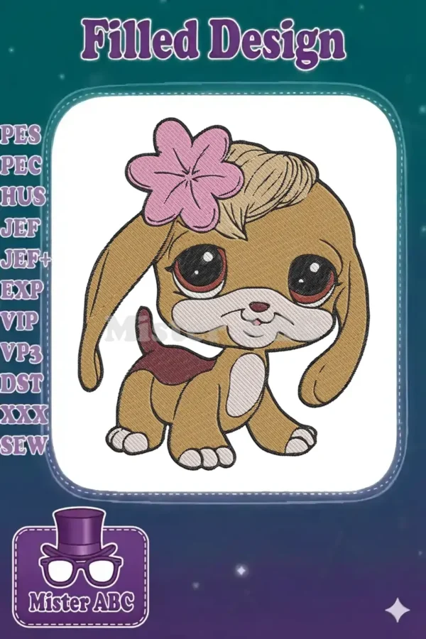 Close-up of a cute, stylized brown bunny embroidery design with large eyes and a pink flower on its head.