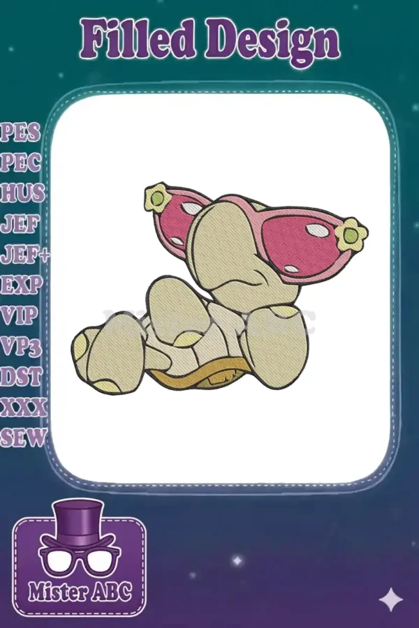 A delightful embroidery of Squirtle from Pokémon, wearing oversized pink sunglasses, lying on its back in a relaxed pose.