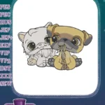 Cute cartoon cat and pug puppy playing with rope embroidery designs - Instant Download