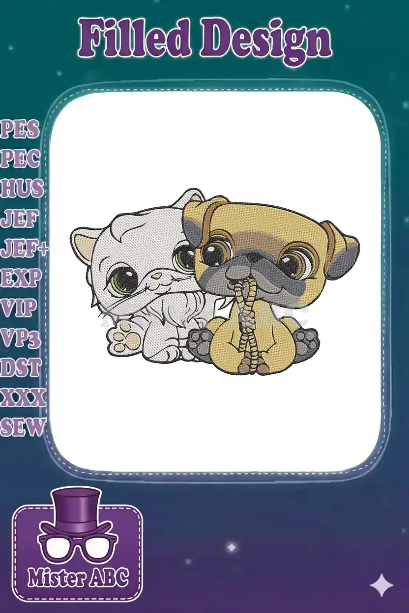 Two adorable cartoon-style pets, a fluffy white cat and a cute brown pug, depicted in a detailed embroidery design.