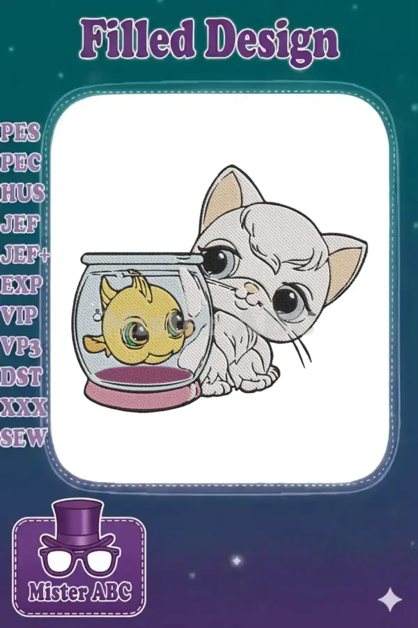 A charming embroidery design of a white cat curiously observing a cheerful yellow goldfish in a clear glass bowl.