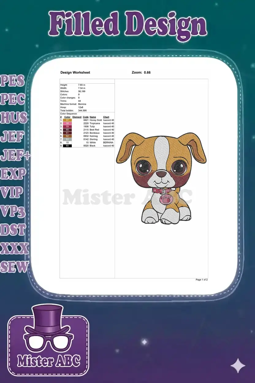 Embroidery design worksheet detailing the cute puppy design's dimensions, stitch count, color sequence, and machine format.