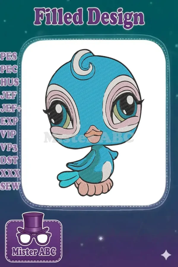 Close-up of a cute, cartoon-style blue bird embroidery design with large, expressive eyes and a tiny beak on a white background.