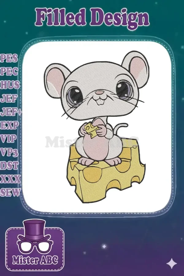 Close-up of a cute, cartoonish white mouse with large eyes, sitting on a yellow cheese block, eating cheese.