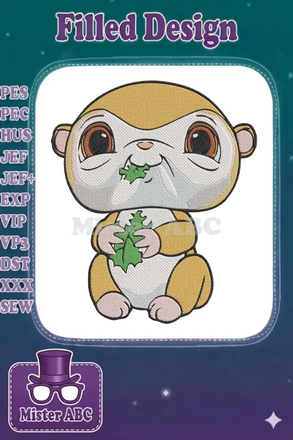 A charming machine embroidery design featuring Perrito from Puss in Boots, happily munching on a green leaf.