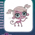 Cute pink monkey cartoon character embroidery designs for children's apparel - Instant Download