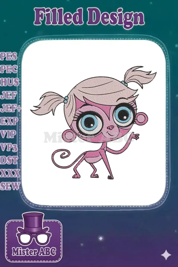Close-up of a charming Minka Mark embroidery design, a pink monkey with large blue eyes and pigtails, standing playfully.