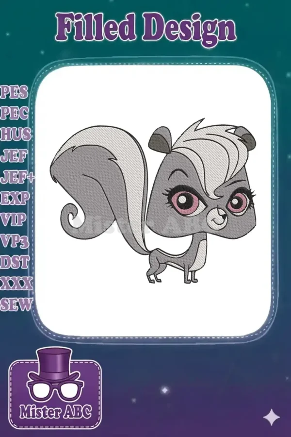 Close-up of a charming Penny Ling skunk embroidery design, featuring detailed fur texture and expressive eyes.