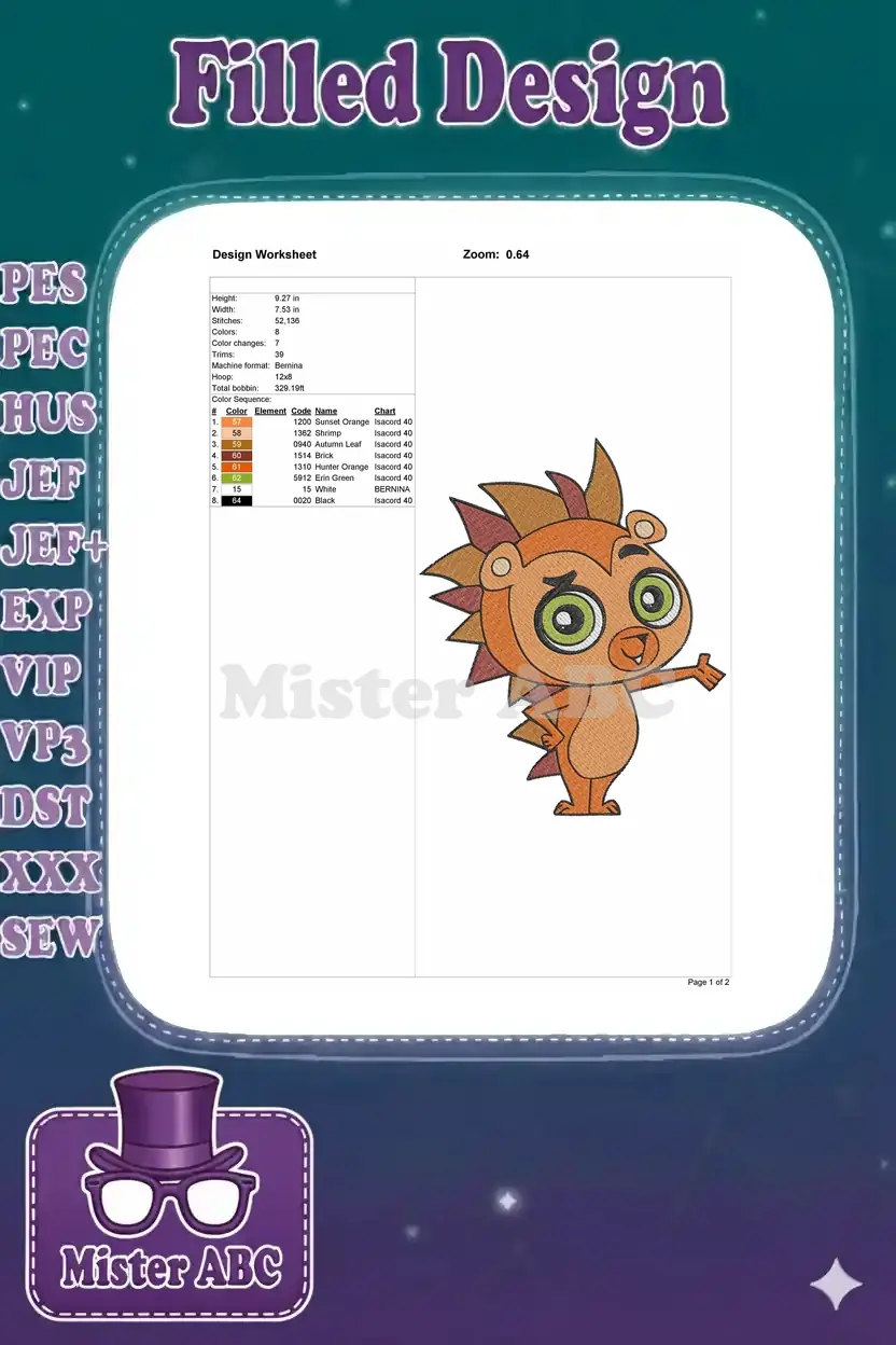 An embroidery design worksheet detailing stitch count, dimensions, color sequence, and thread types for Roly.